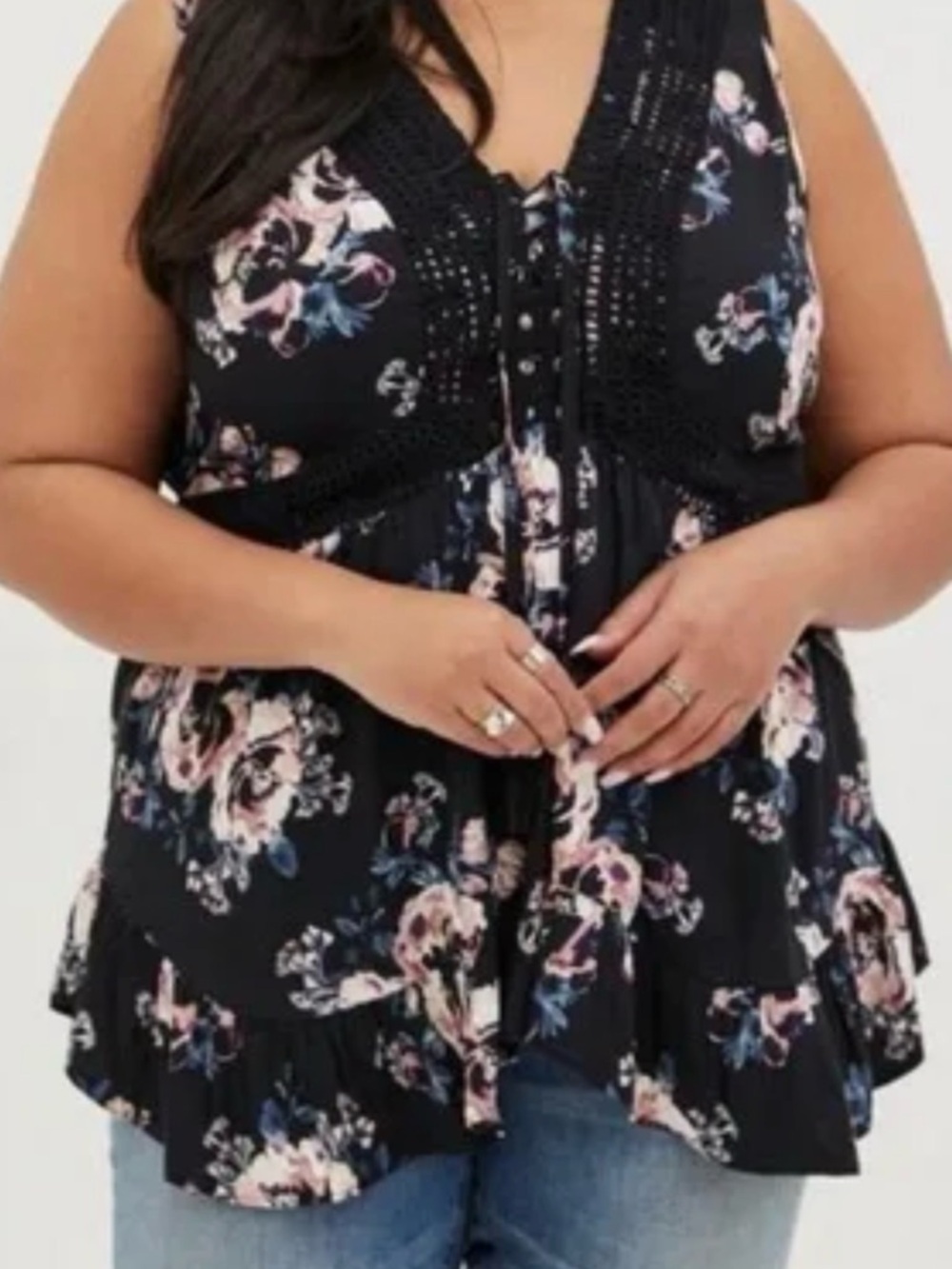 Torrid Floral Lace-Trim Sleeveless Top - Black/Pink